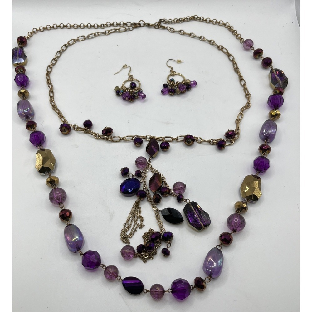 2 Strand Purple Lucite Bead Enamel Necklace And Earring Set